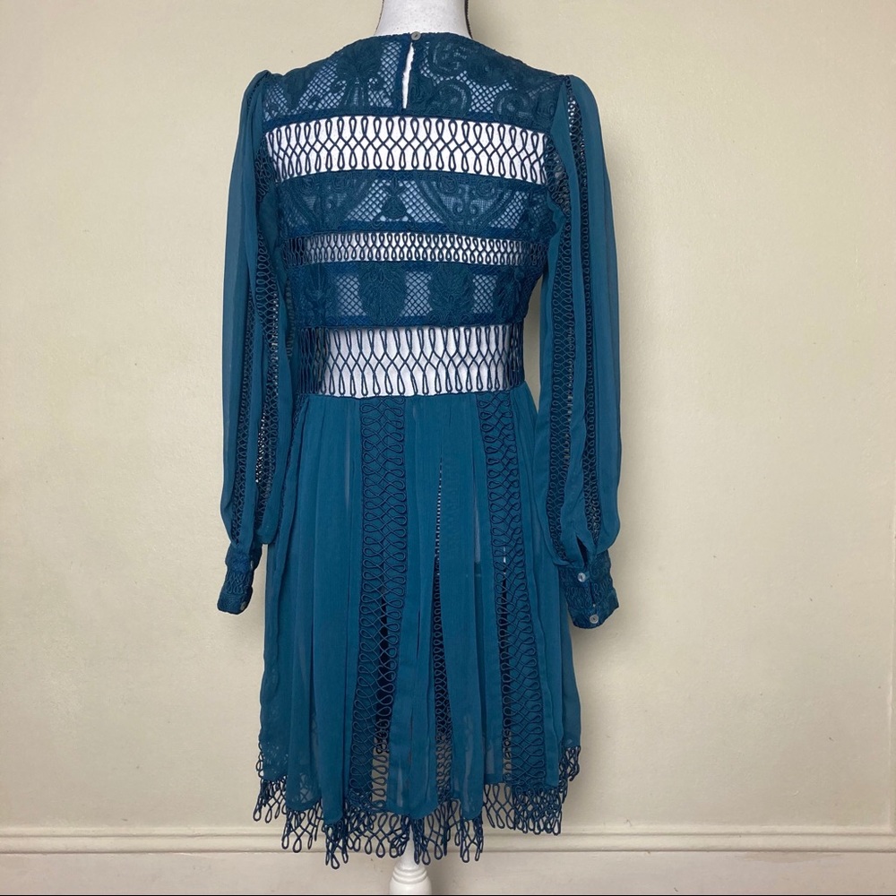 Eri + Ari Teal Chalene Lace Skater Sheer Embroidered Dress Long Sleeve - Picture 4 of 14